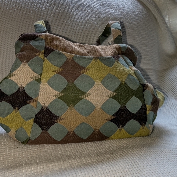 Earthy Geometric Shoulder Bag with Green and Brown Tones - Picture 1 of 14